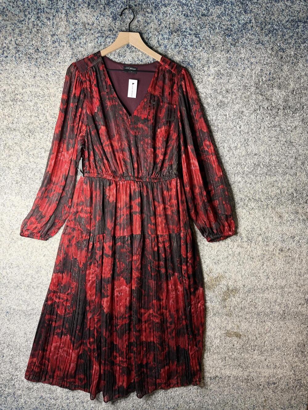 Lane Bryant Dress Womens 16 Red Floral Pleated Chiffon Maxi Long Sleeve Plus